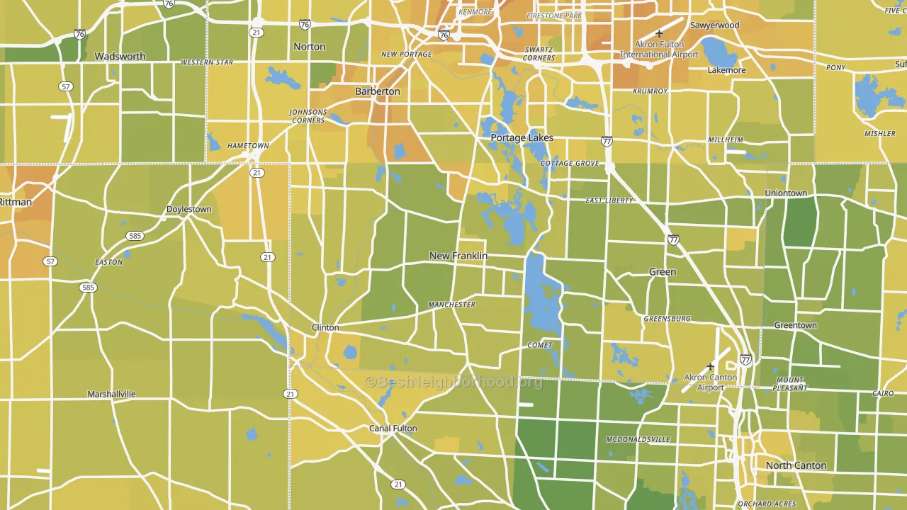 Map of the best neighborhoods in the New Franklin area, with better matches in green and worse matches in red