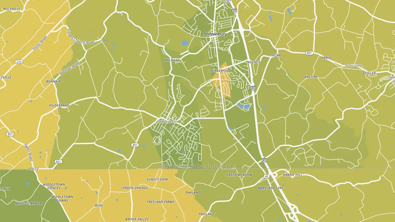 Map of the best neighborhoods in the New Freedom area, with better matches in green and worse matches in red