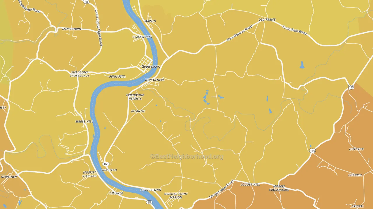 Map of the best neighborhoods in the New Geneva area, with better matches in green and worse matches in red