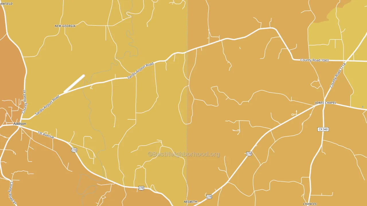 Map of the best neighborhoods in the New Georgia area, with better matches in green and worse matches in red