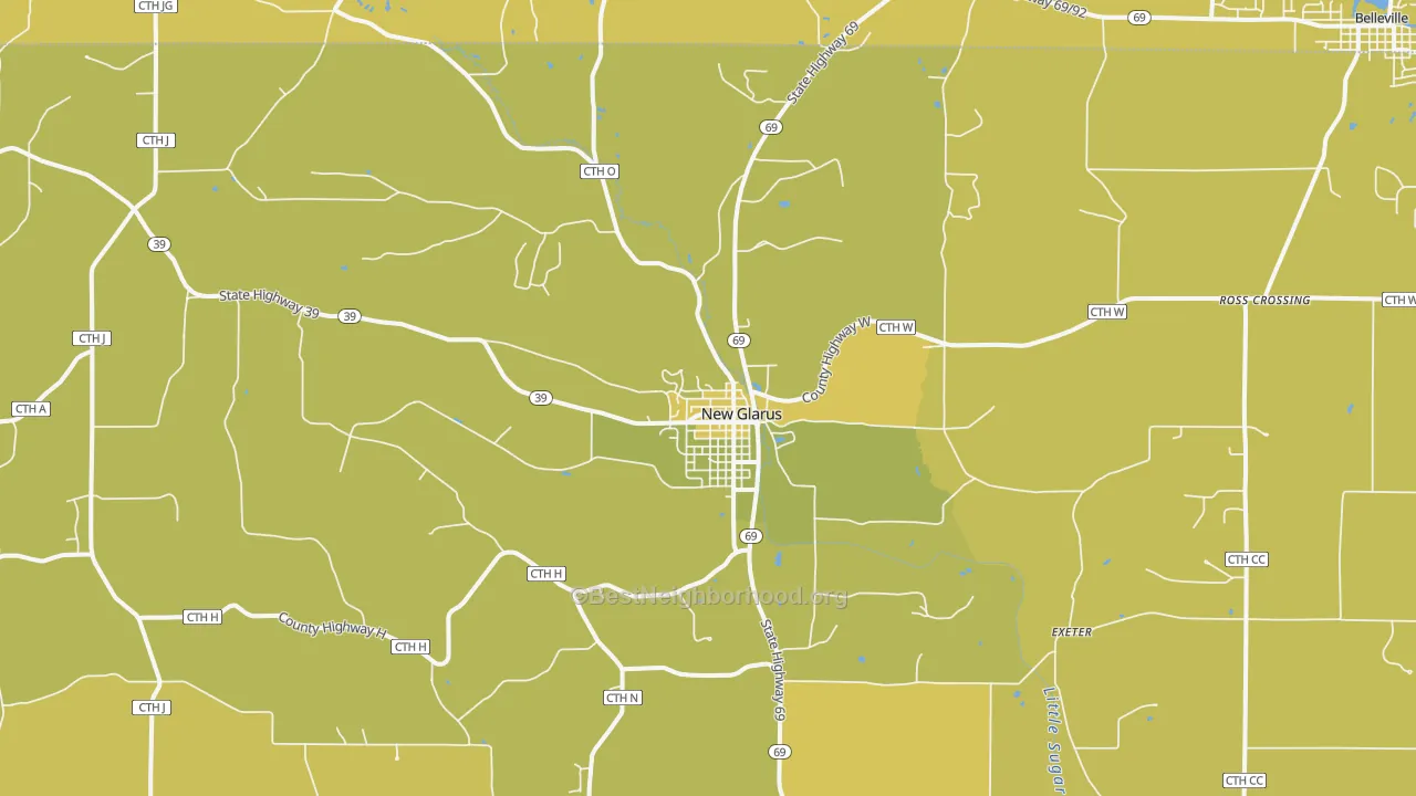 Map of the best neighborhoods in the New Glarus area, with better matches in green and worse matches in red