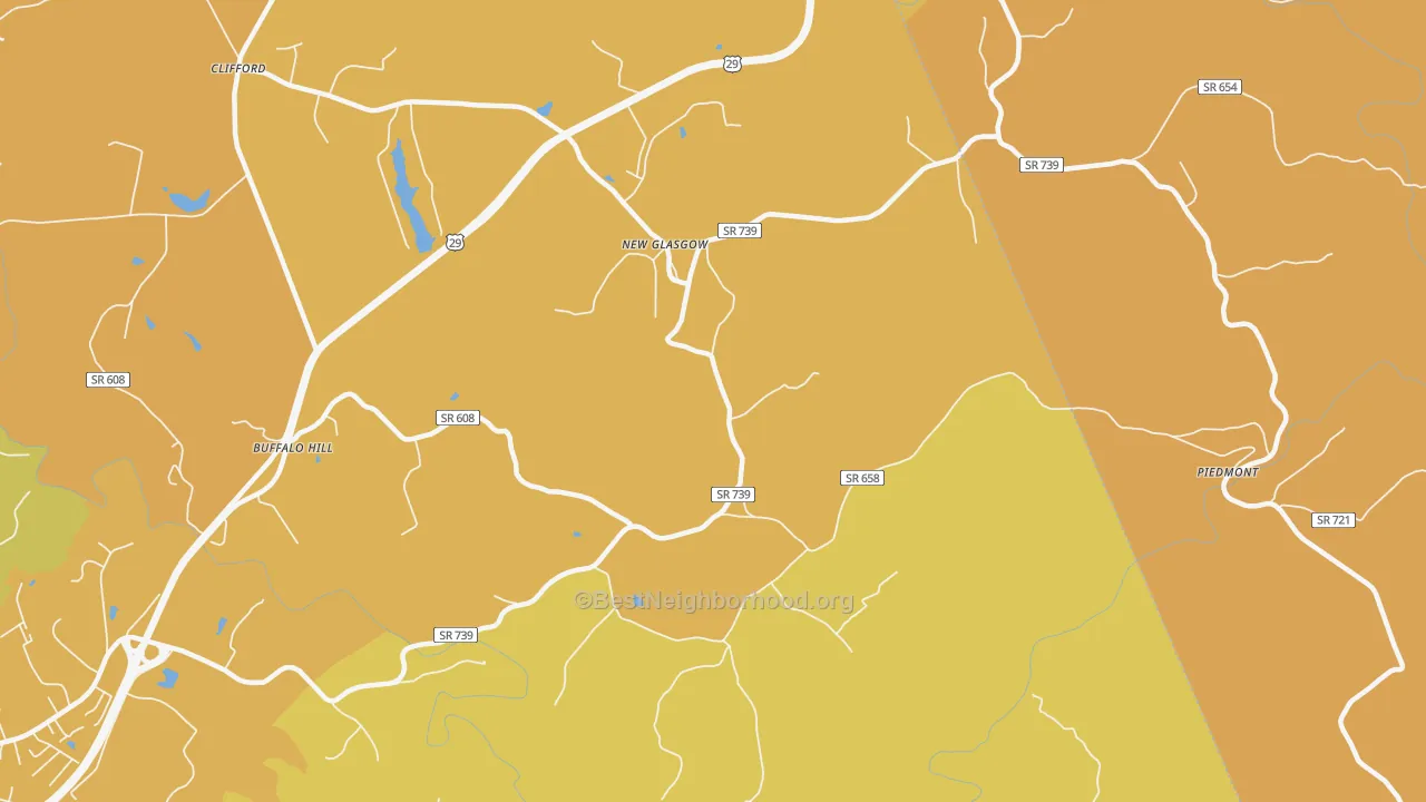 Map of the best neighborhoods in the New Glasgow area, with better matches in green and worse matches in red