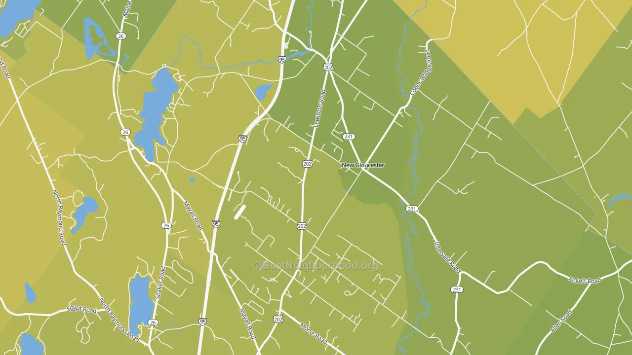 Map of the best neighborhoods in the New Gloucester area, with better matches in green and worse matches in red