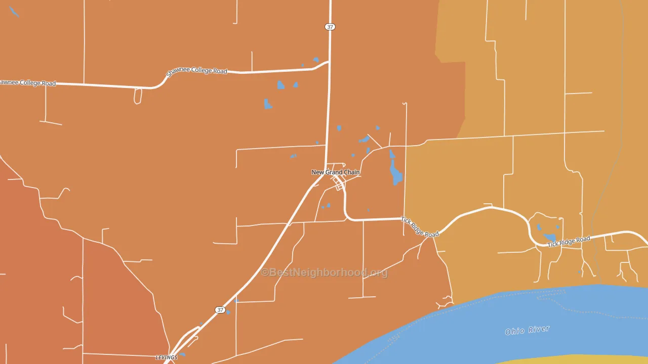 Map of the best neighborhoods in the New Grand Chain area, with better matches in green and worse matches in red