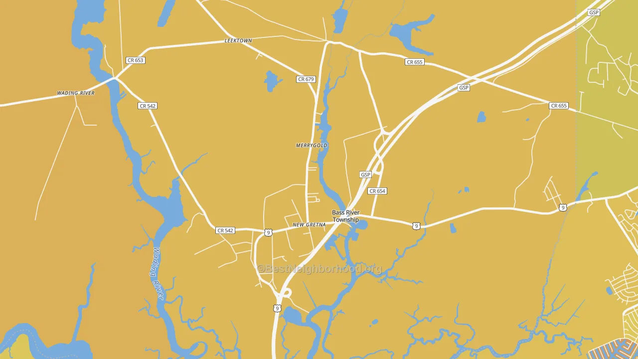 Map of the best neighborhoods in the New Gretna area, with better matches in green and worse matches in red