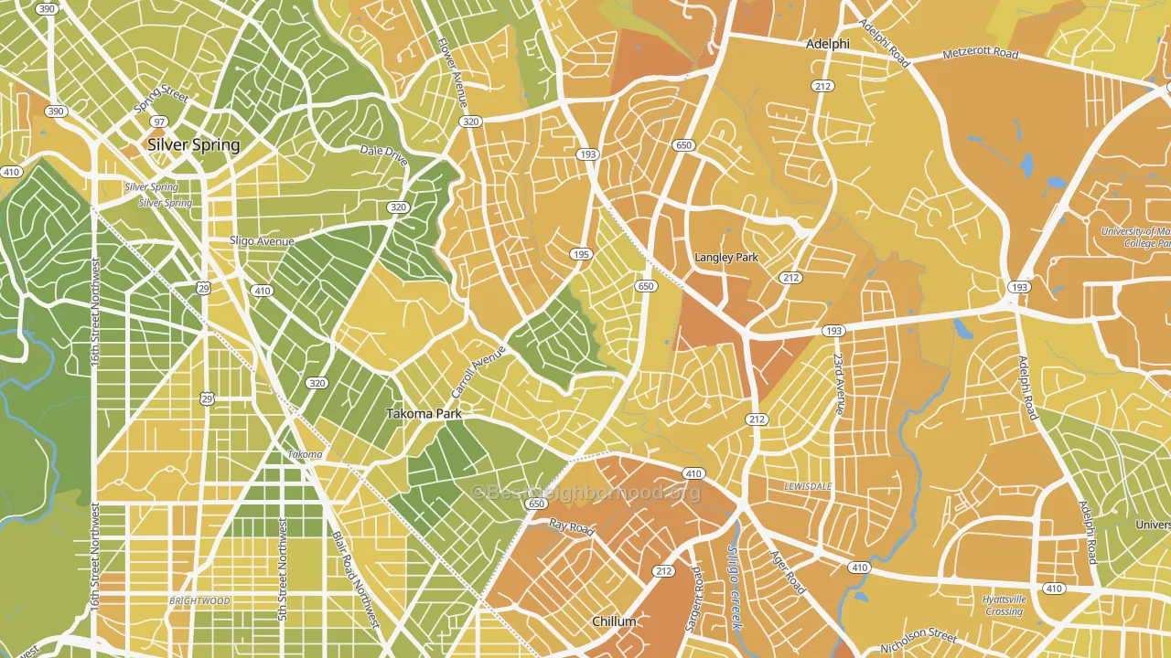 Map of the best neighborhoods in the New Hampshire Gardens, Takoma Park area, with better matches in green and worse matches in red