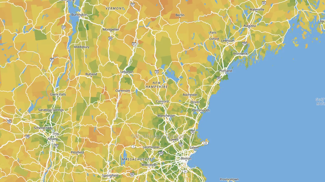 Map of the best neighborhoods in the New Hampshire area, with better matches in green and worse matches in red