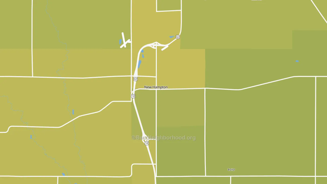 Map of the best neighborhoods in the New Hampton area, with better matches in green and worse matches in red