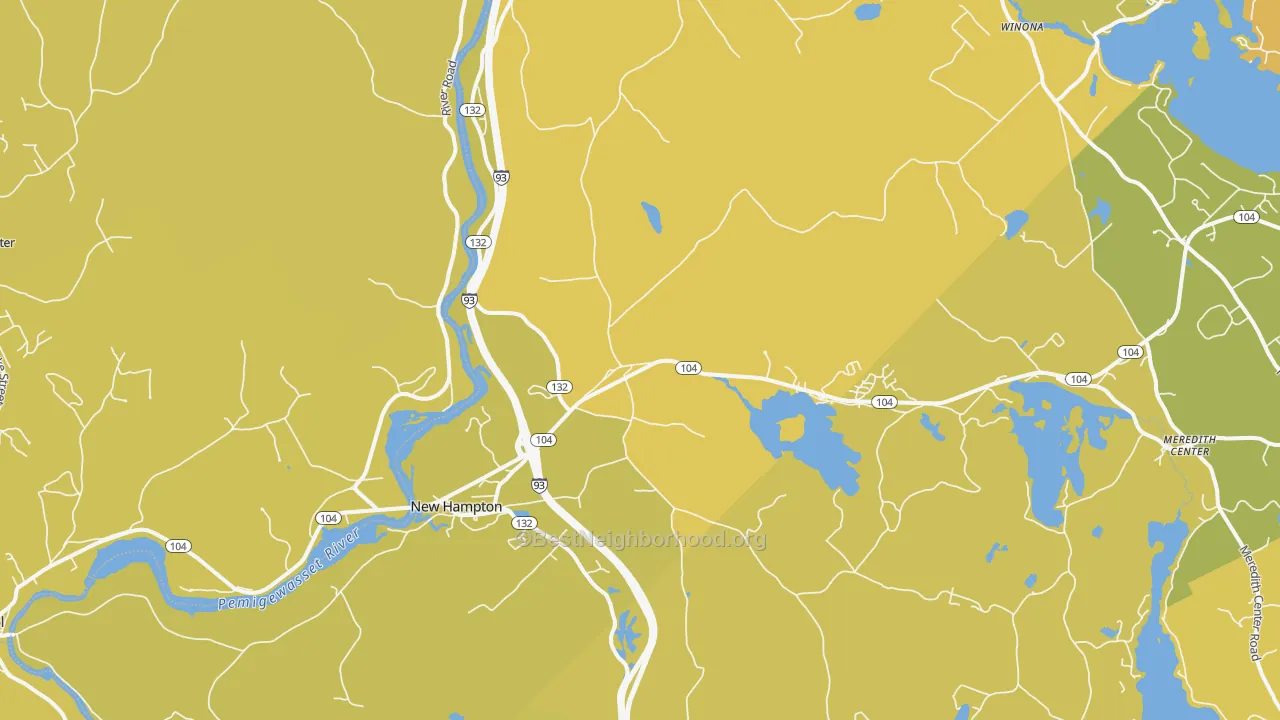 Map of the best neighborhoods in the New Hampton area, with better matches in green and worse matches in red