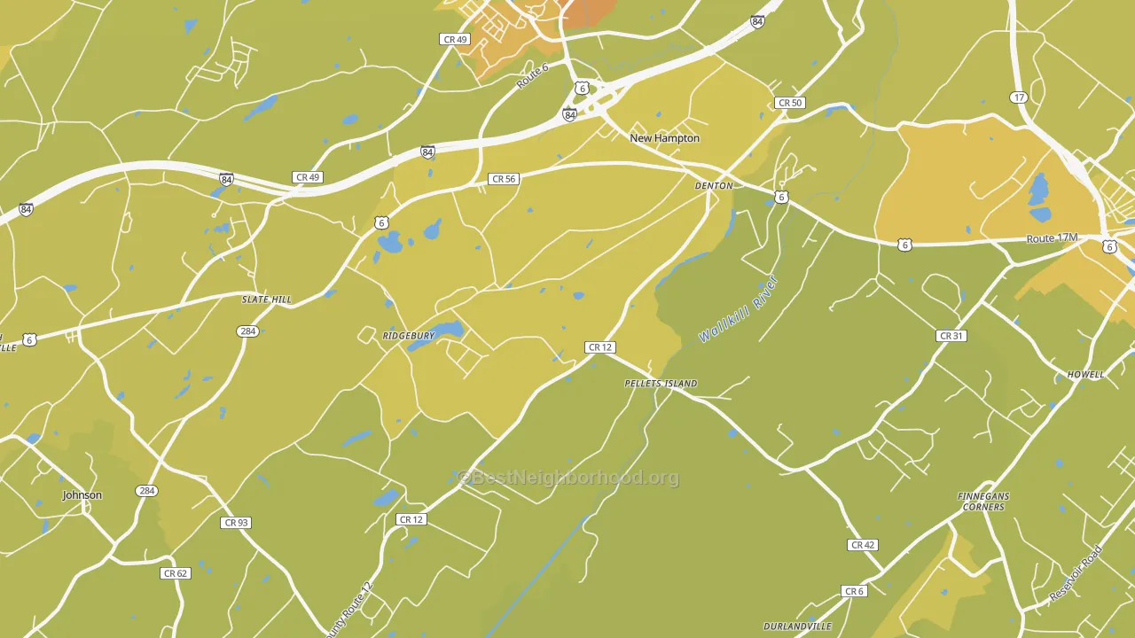 Map of the best neighborhoods in the New Hampton area, with better matches in green and worse matches in red