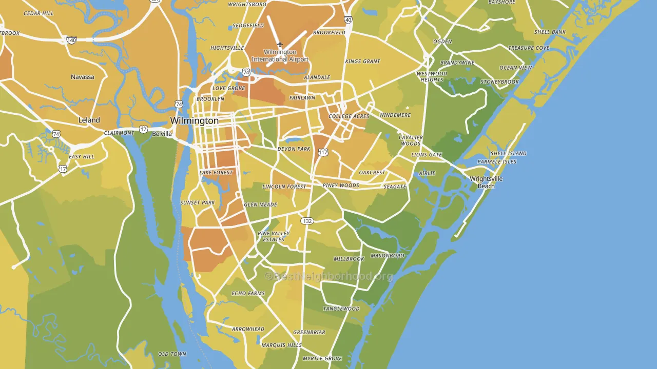 Map of the best neighborhoods in the New Hanover County area, with better matches in green and worse matches in red