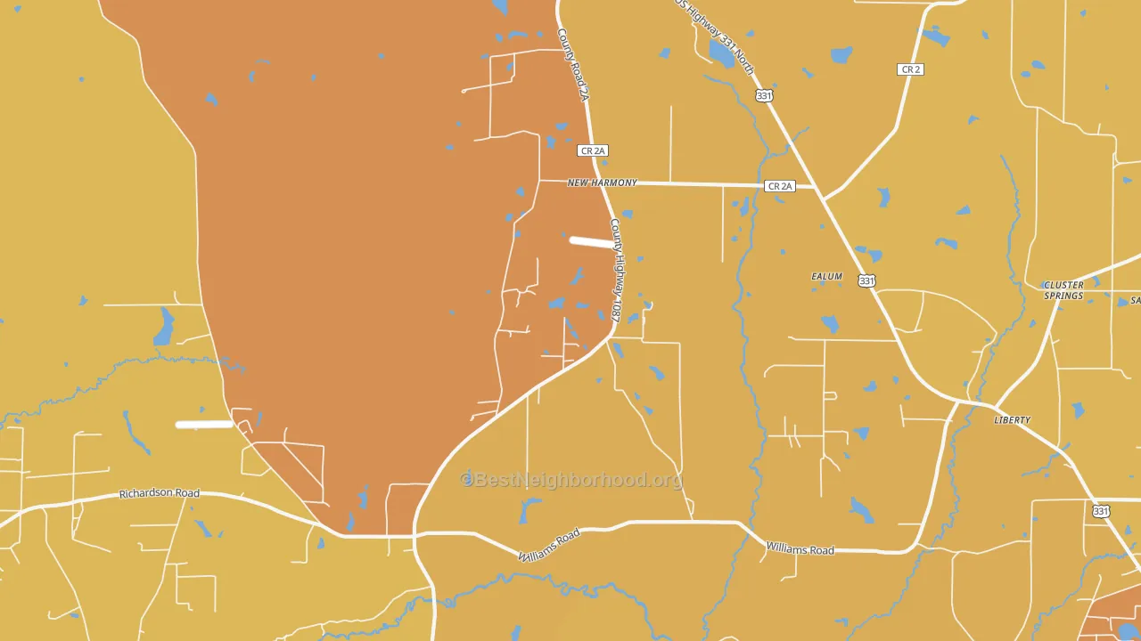 Map of the best neighborhoods in the New Harmony area, with better matches in green and worse matches in red