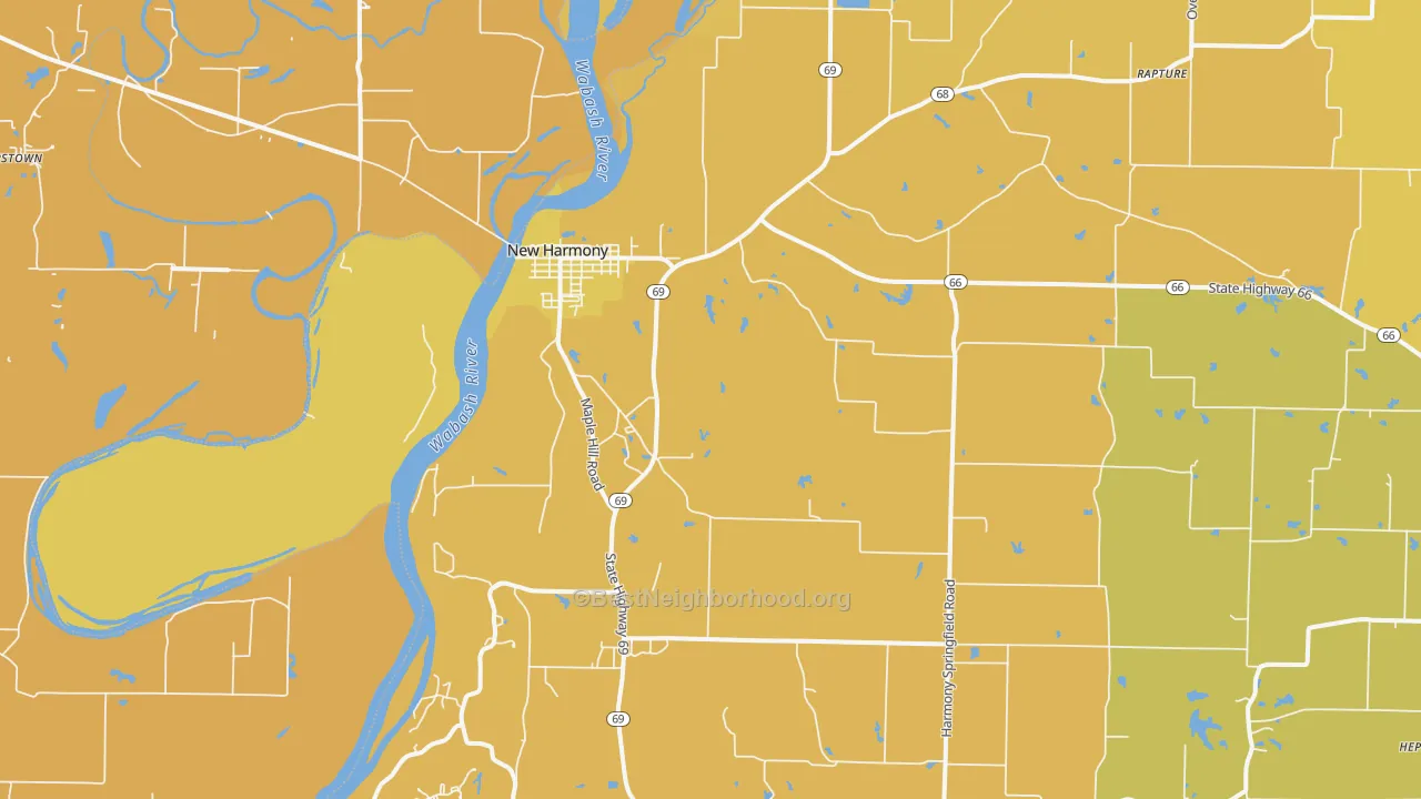 Map of the best neighborhoods in the New Harmony area, with better matches in green and worse matches in red