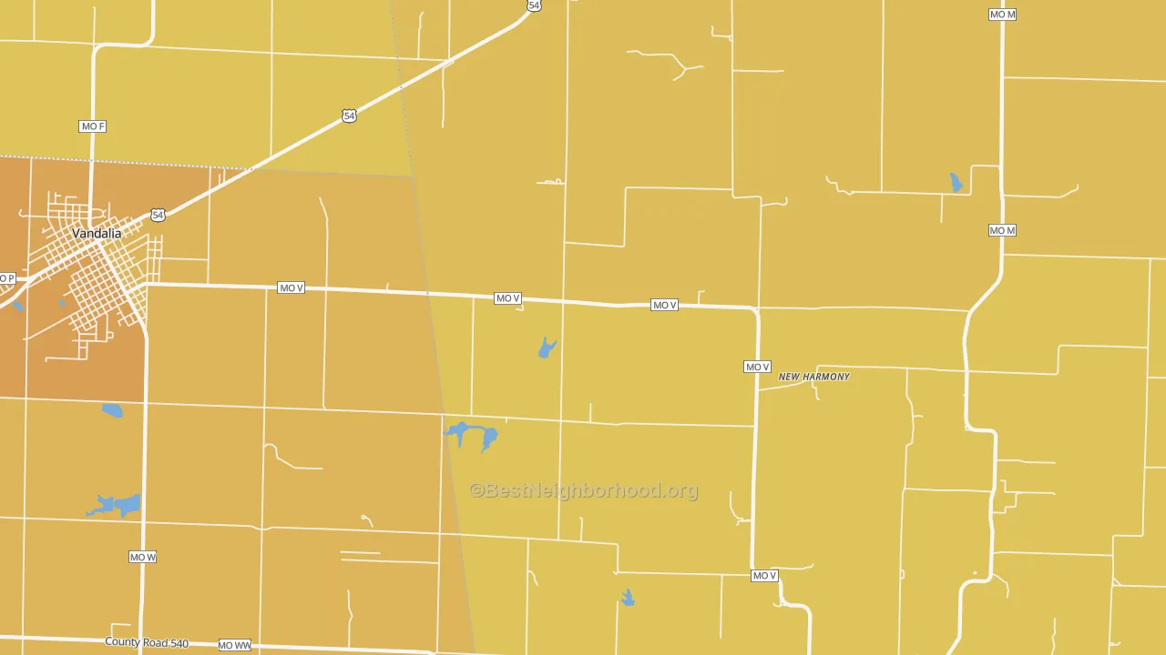 Map of the best neighborhoods in the New Harmony area, with better matches in green and worse matches in red