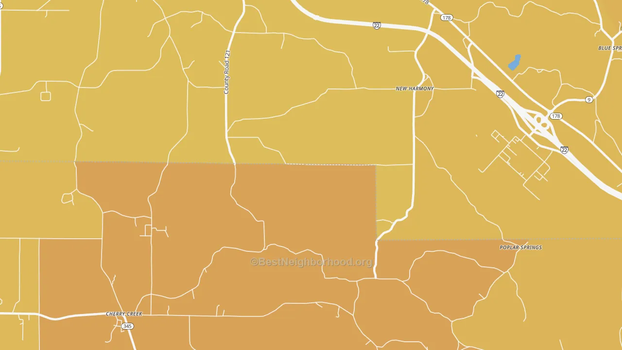 Map of the best neighborhoods in the New Harmony area, with better matches in green and worse matches in red