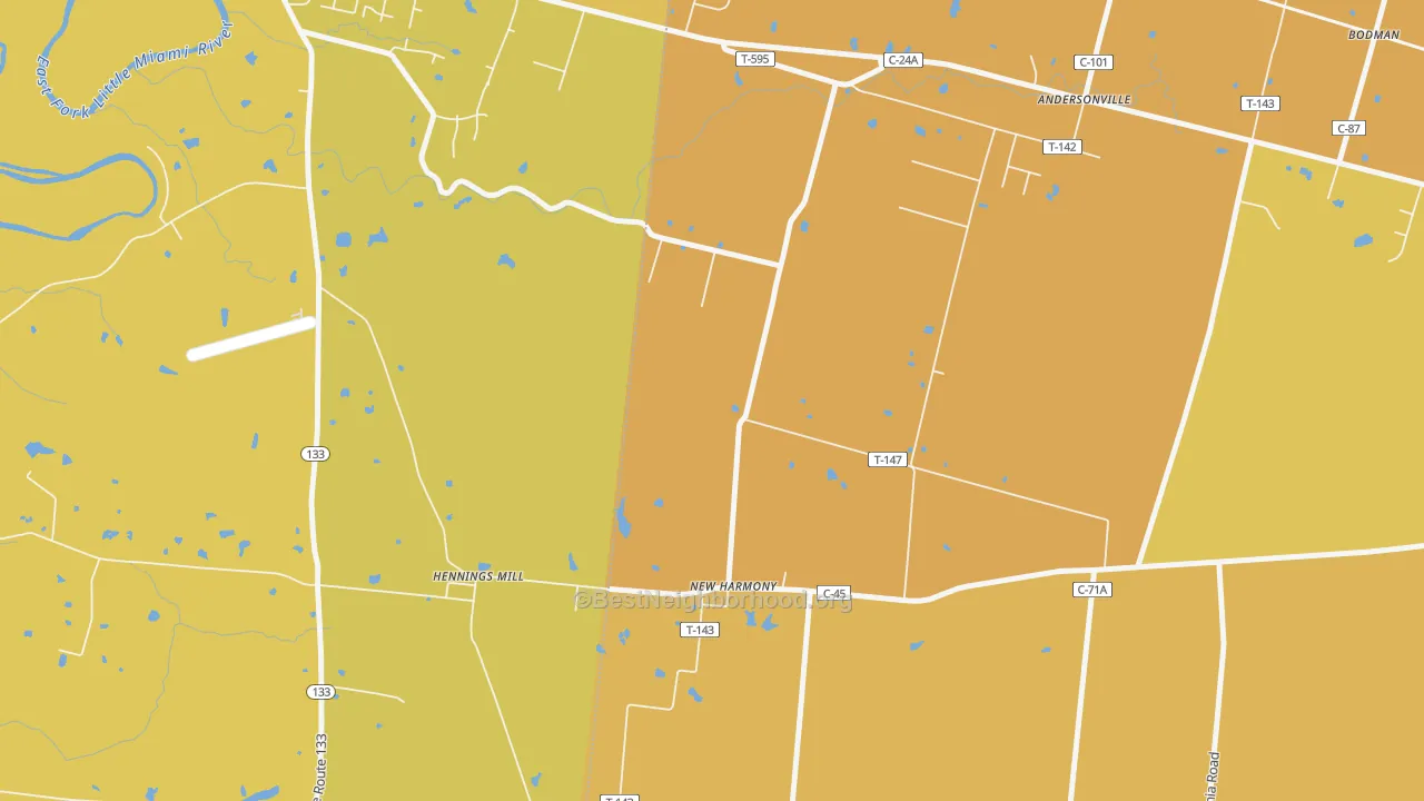 Map of the best neighborhoods in the New Harmony area, with better matches in green and worse matches in red