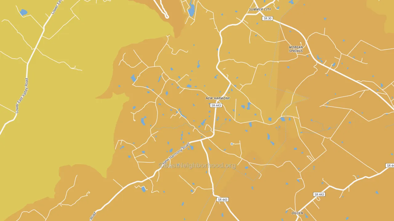 Map of the best neighborhoods in the New Harmony area, with better matches in green and worse matches in red