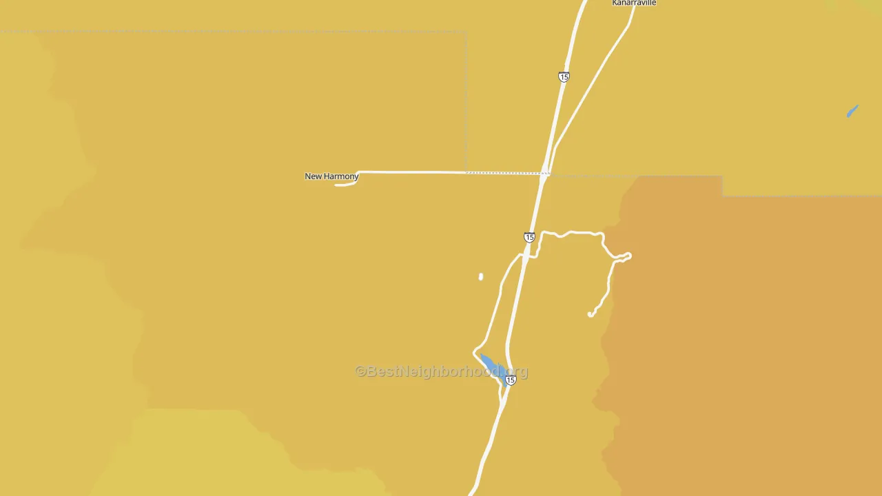 Map of the best neighborhoods in the New Harmony area, with better matches in green and worse matches in red