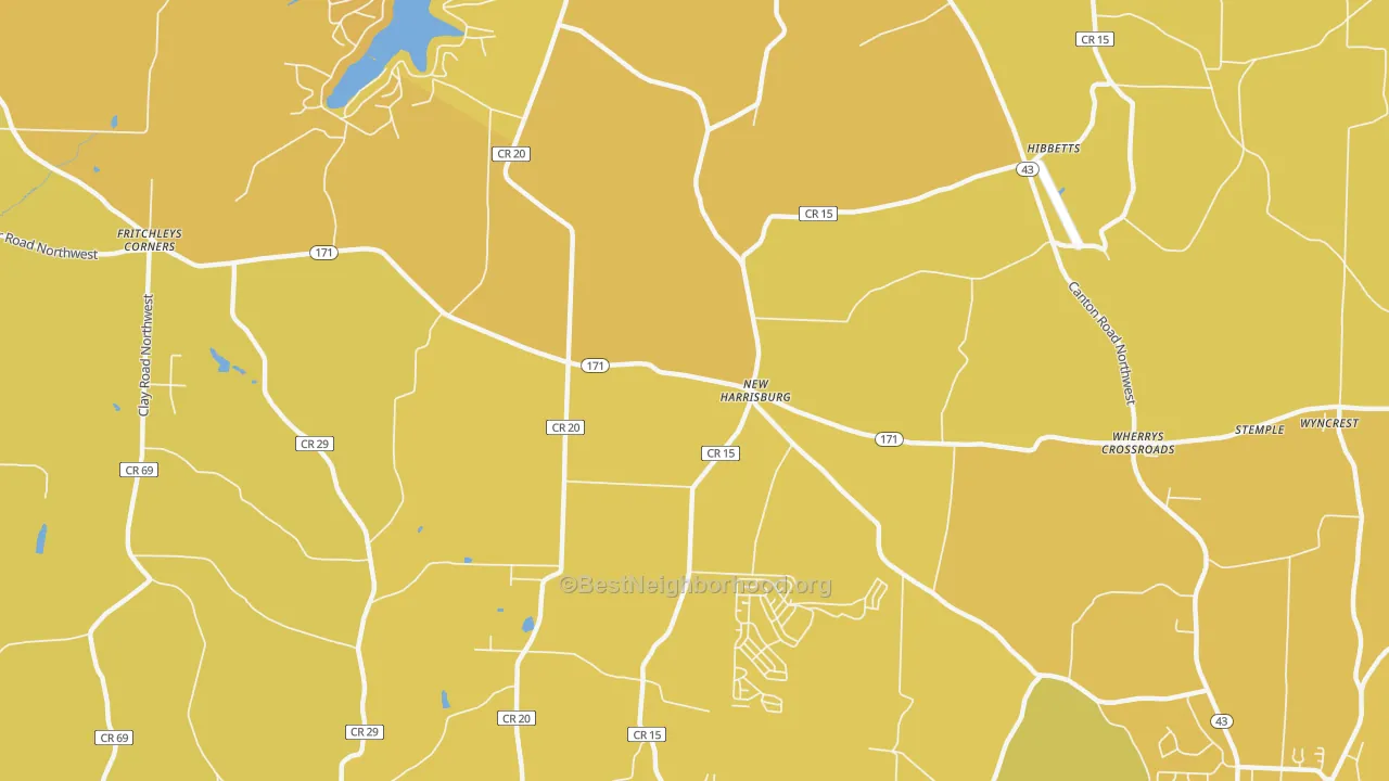 Map of the best neighborhoods in the New Harrisburg area, with better matches in green and worse matches in red