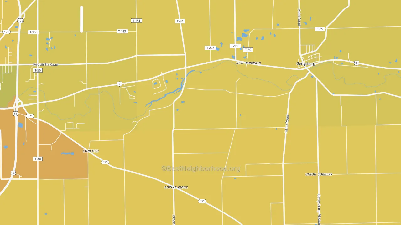 Map of the best neighborhoods in the New Harrison area, with better matches in green and worse matches in red
