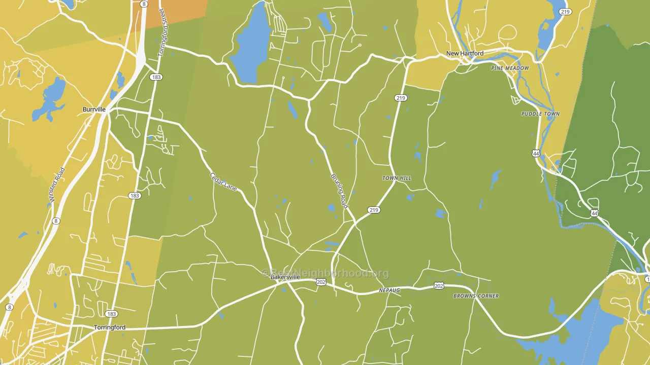 Map of the best neighborhoods in the New Hartford area, with better matches in green and worse matches in red