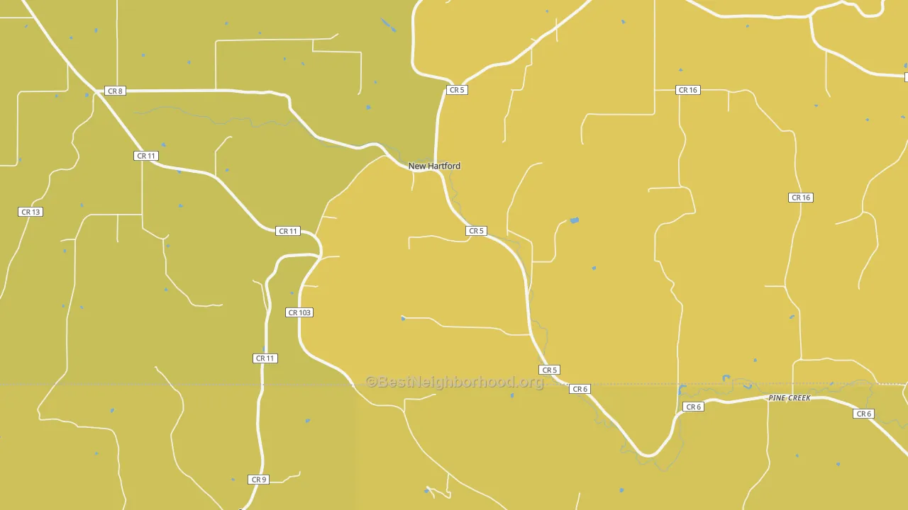 Map of the best neighborhoods in the New Hartford area, with better matches in green and worse matches in red