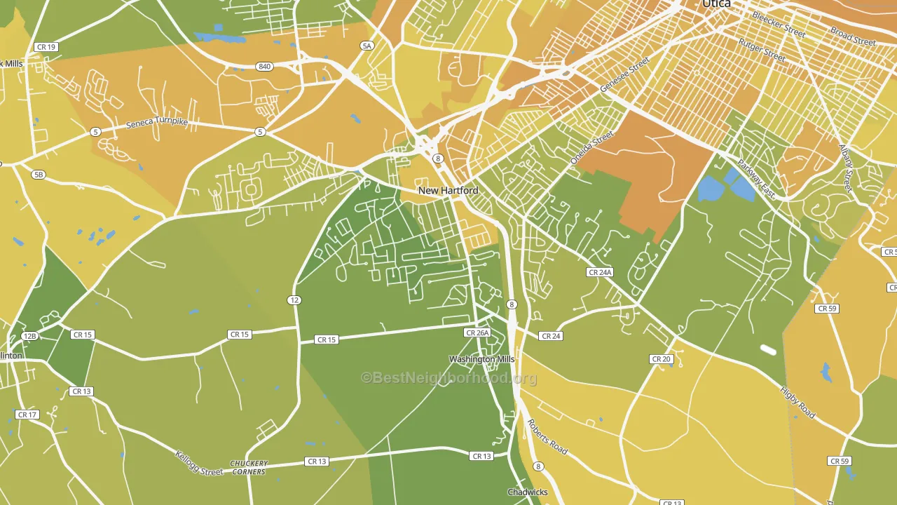 Map of the best neighborhoods in the New Hartford area, with better matches in green and worse matches in red