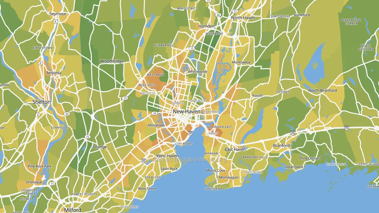Map of the best neighborhoods in the New Haven Metro area, with better matches in green and worse matches in red