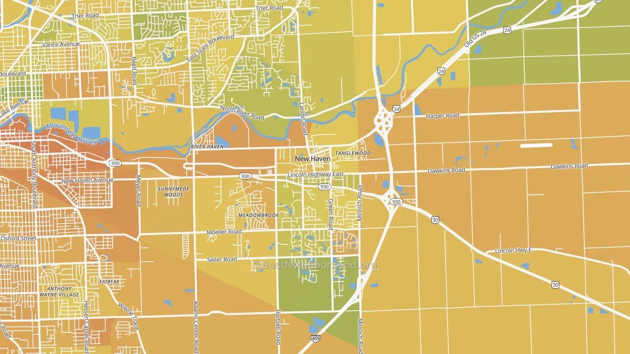 Map of the best neighborhoods in the New Haven area, with better matches in green and worse matches in red