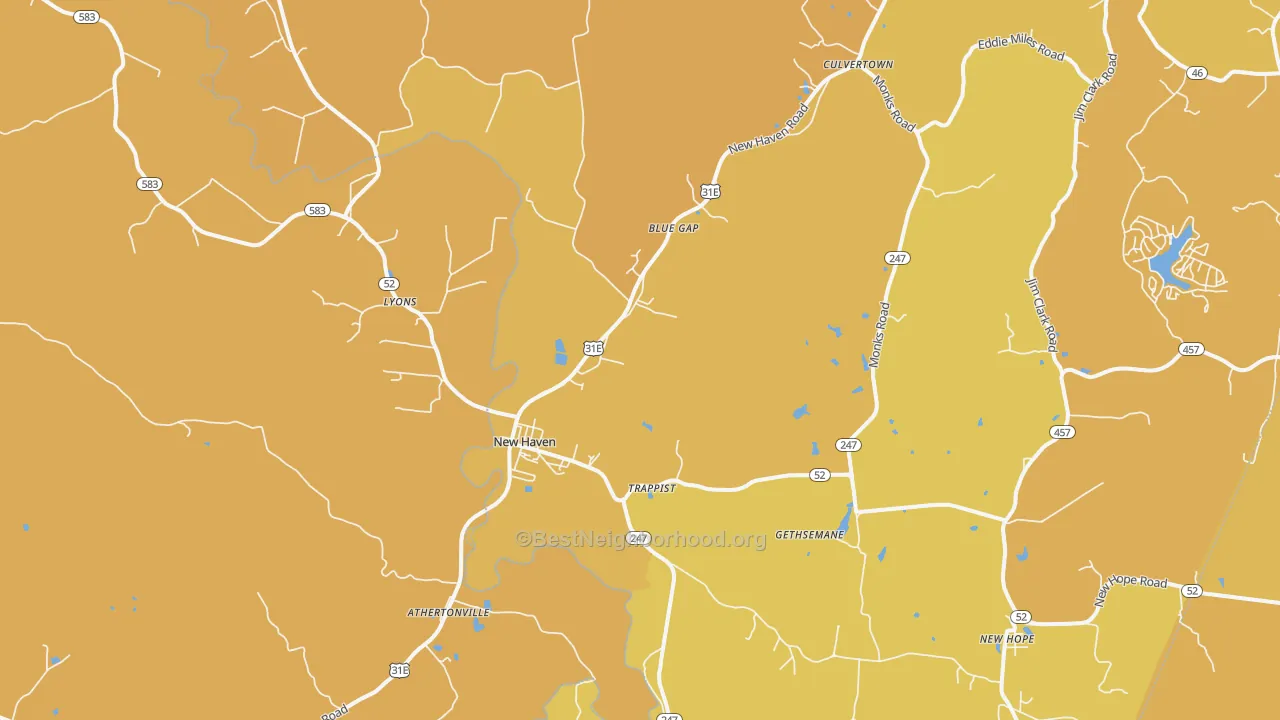 Map of the best neighborhoods in the New Haven area, with better matches in green and worse matches in red