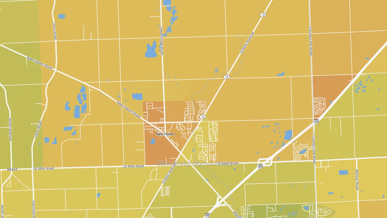 Map of the best neighborhoods in the New Haven area, with better matches in green and worse matches in red