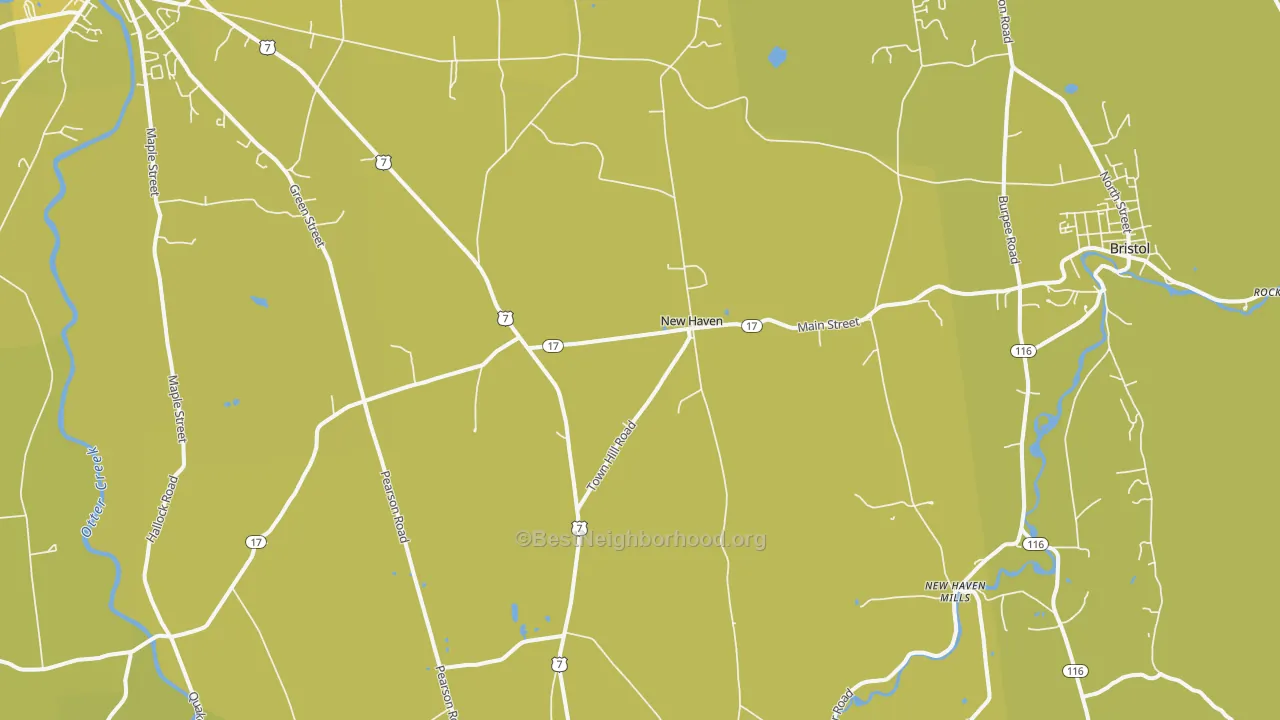 Map of the best neighborhoods in the New Haven area, with better matches in green and worse matches in red