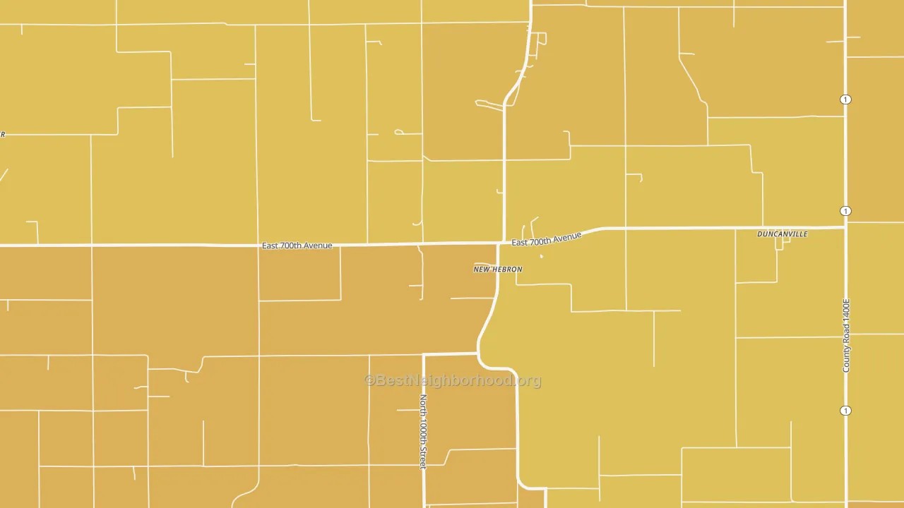 Map of the best neighborhoods in the New Hebron area, with better matches in green and worse matches in red