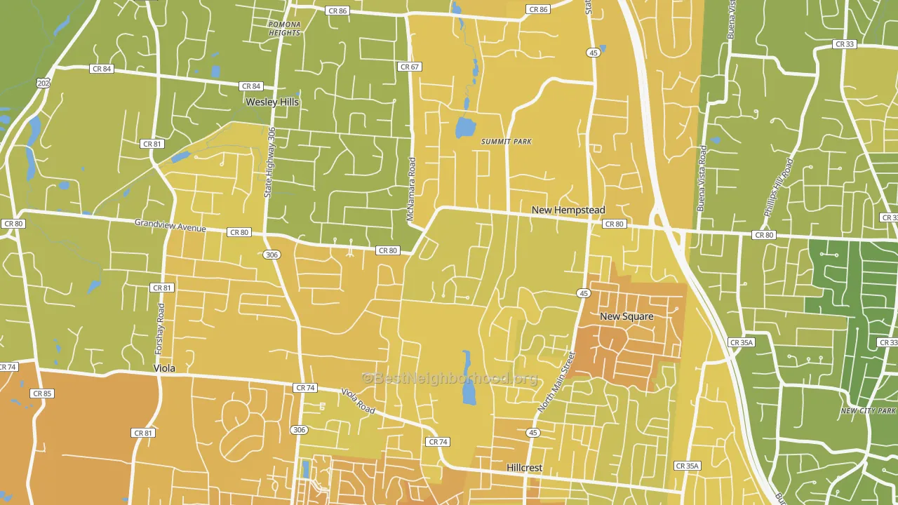 Map of the best neighborhoods in the New Hempstead area, with better matches in green and worse matches in red