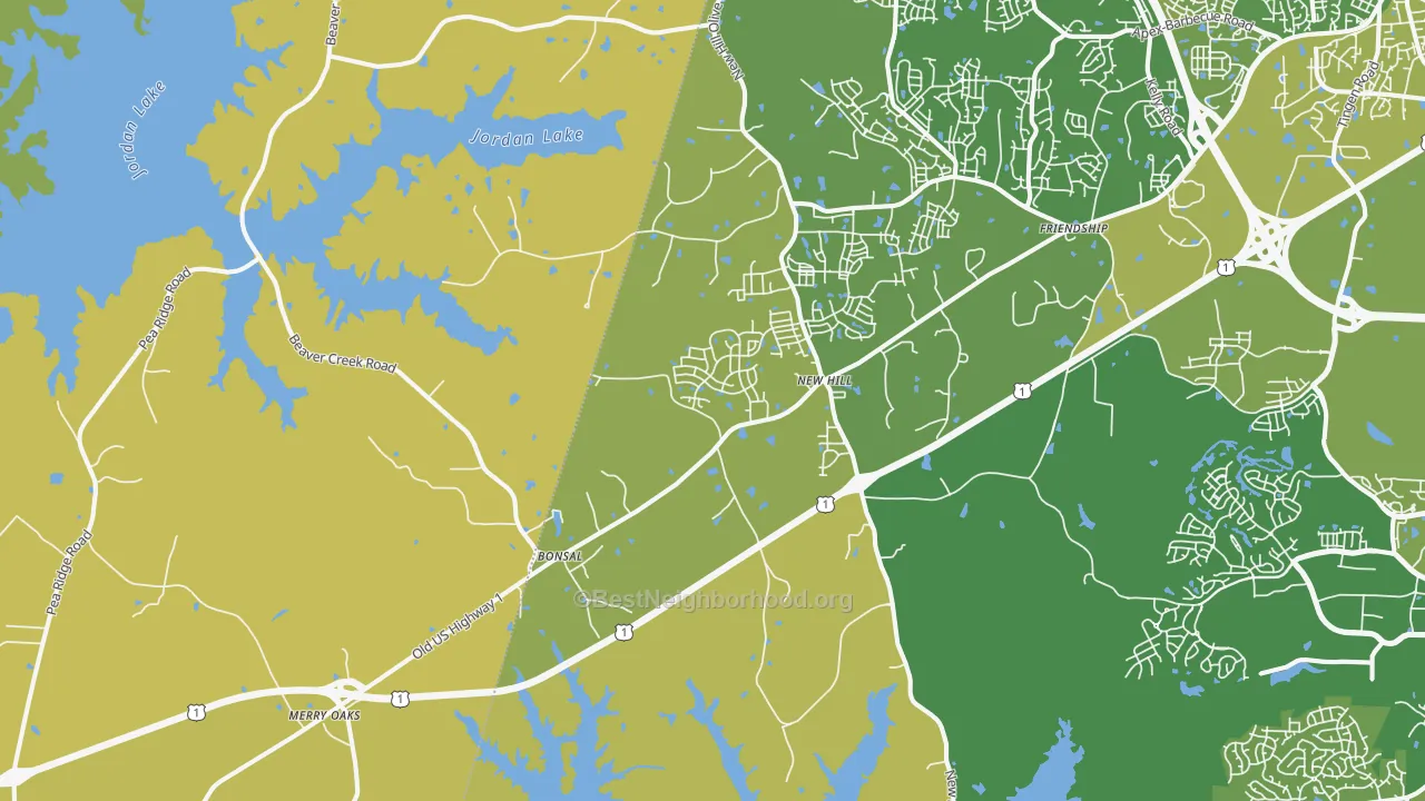 Map of the best neighborhoods in the New Hill area, with better matches in green and worse matches in red