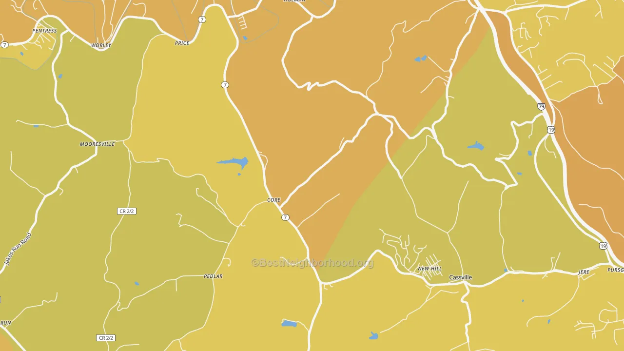 Map of the best neighborhoods in the New Hill area, with better matches in green and worse matches in red