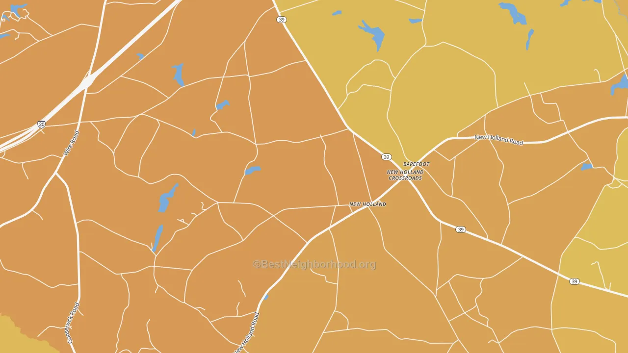 Map of the best neighborhoods in the New Holland Crossroads area, with better matches in green and worse matches in red