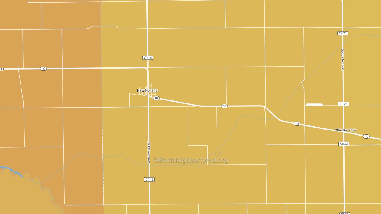 Map of the best neighborhoods in the New Holland area, with better matches in green and worse matches in red