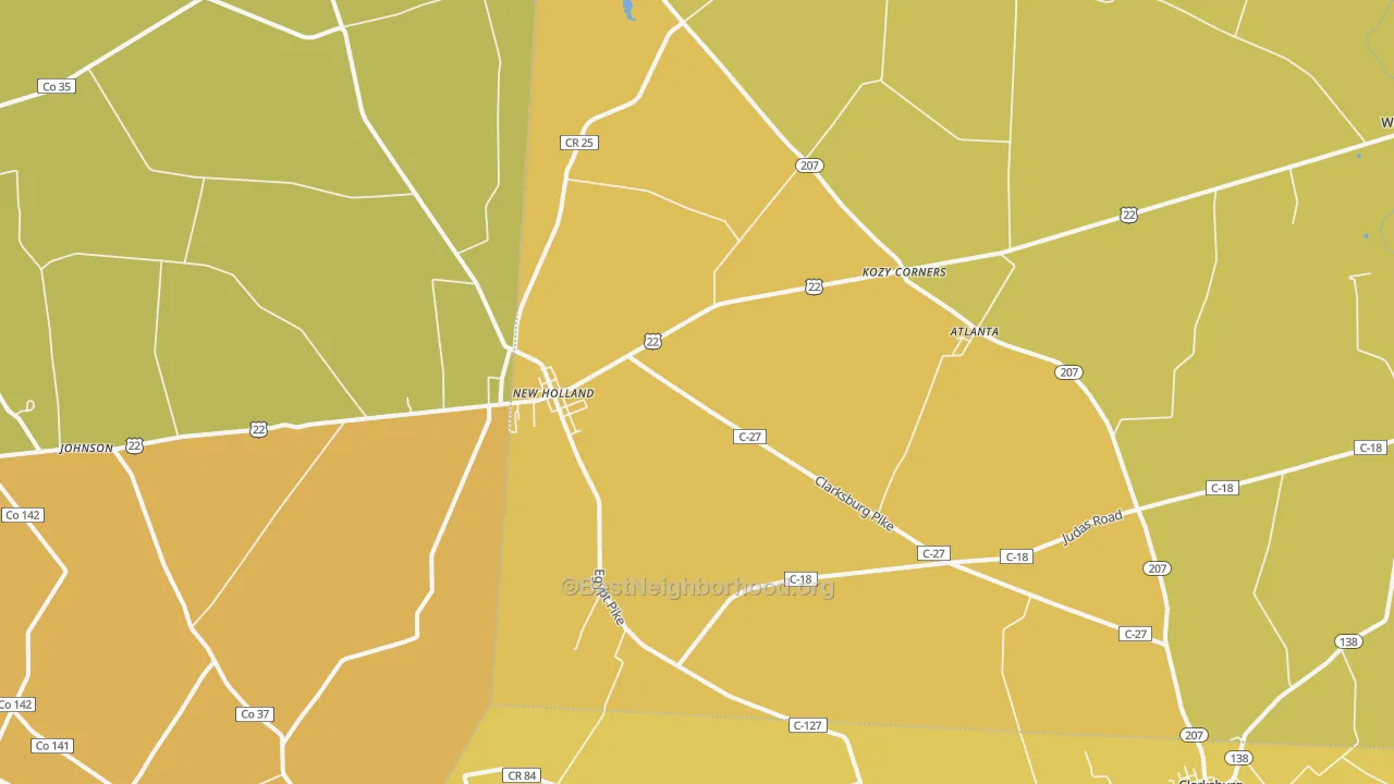 Map of the best neighborhoods in the New Holland area, with better matches in green and worse matches in red