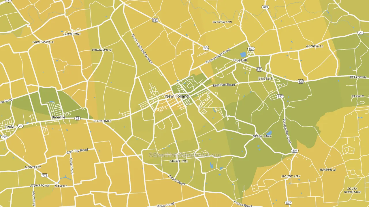Map of the best neighborhoods in the New Holland area, with better matches in green and worse matches in red