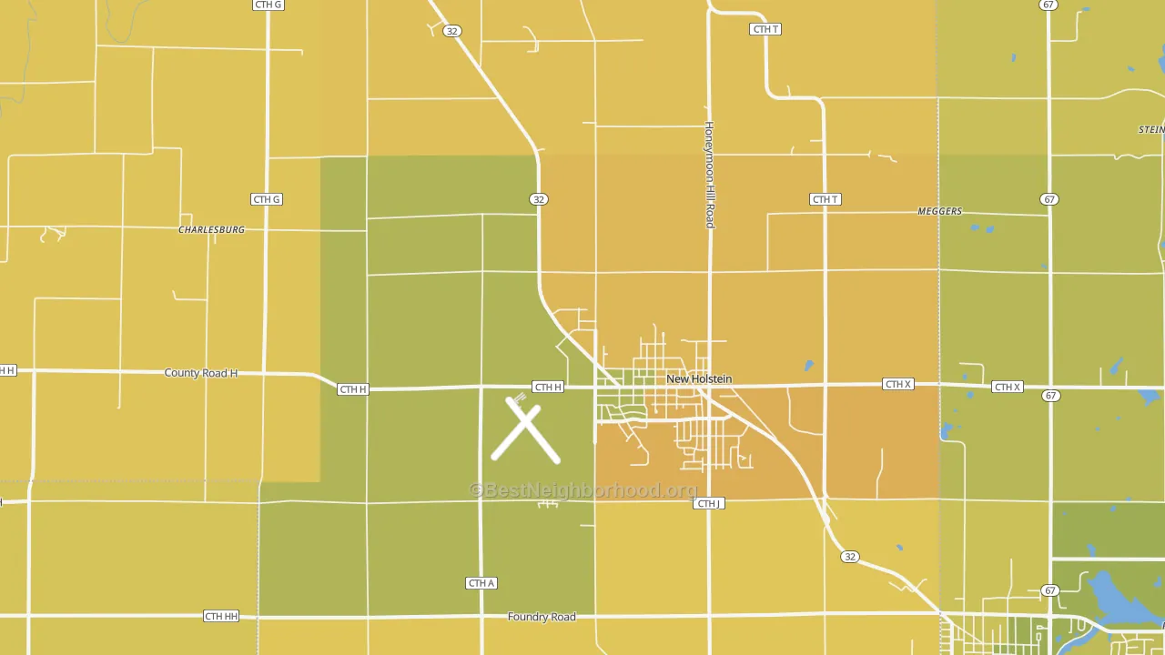 Map of the best neighborhoods in the New Holstein area, with better matches in green and worse matches in red