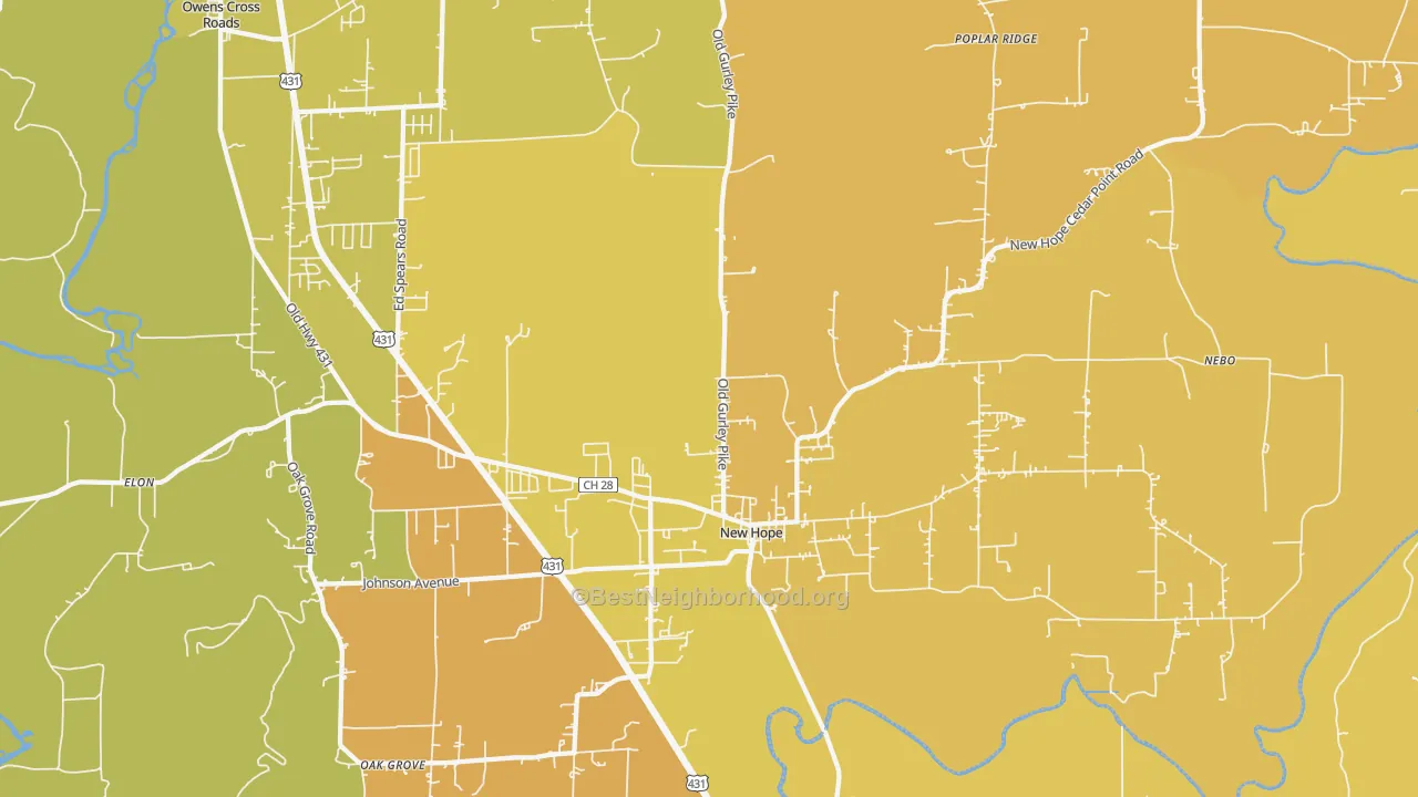 Map of the best neighborhoods in the New Hope area, with better matches in green and worse matches in red