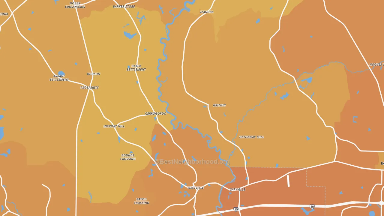 Map of the best neighborhoods in the New Hope area, with better matches in green and worse matches in red