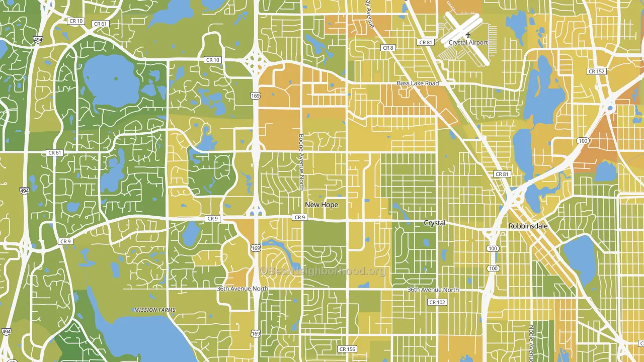 Map of the best neighborhoods in the New Hope area, with better matches in green and worse matches in red