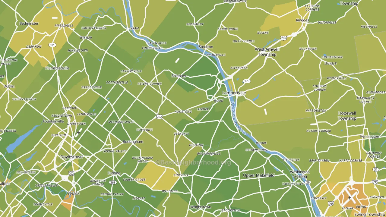 Map of the best neighborhoods in the New Hope area, with better matches in green and worse matches in red