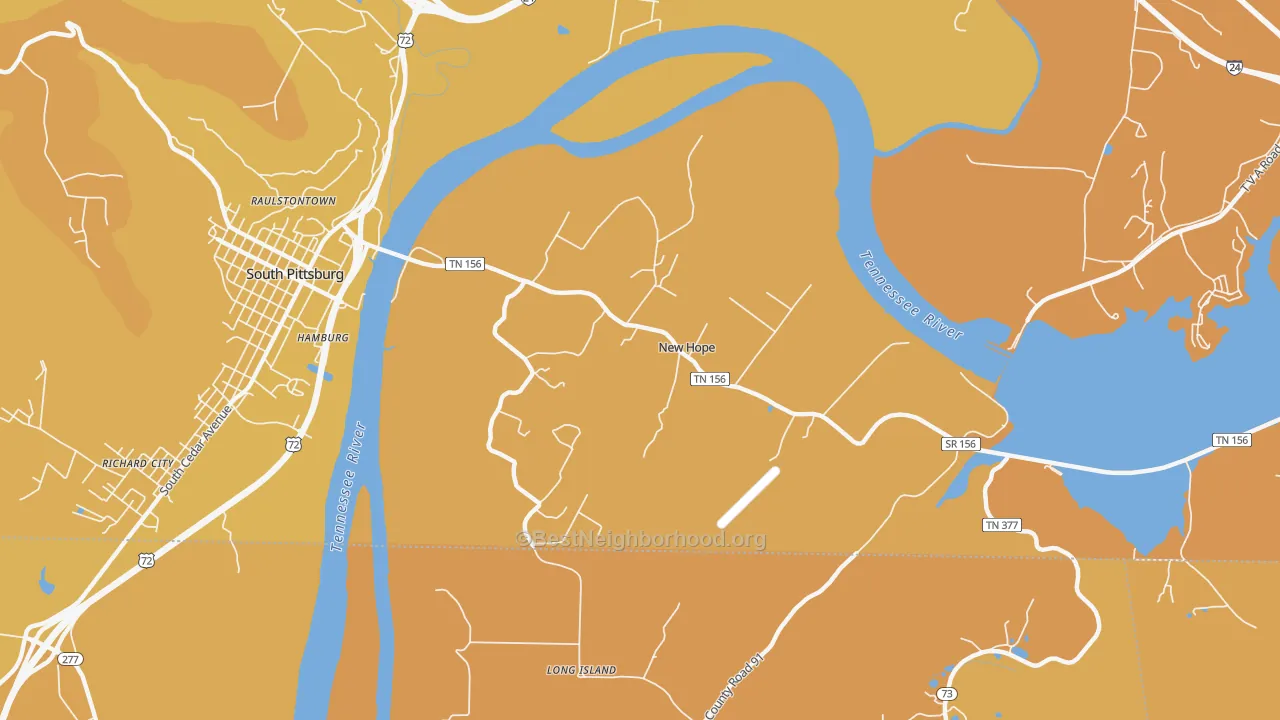 Map of the best neighborhoods in the New Hope area, with better matches in green and worse matches in red