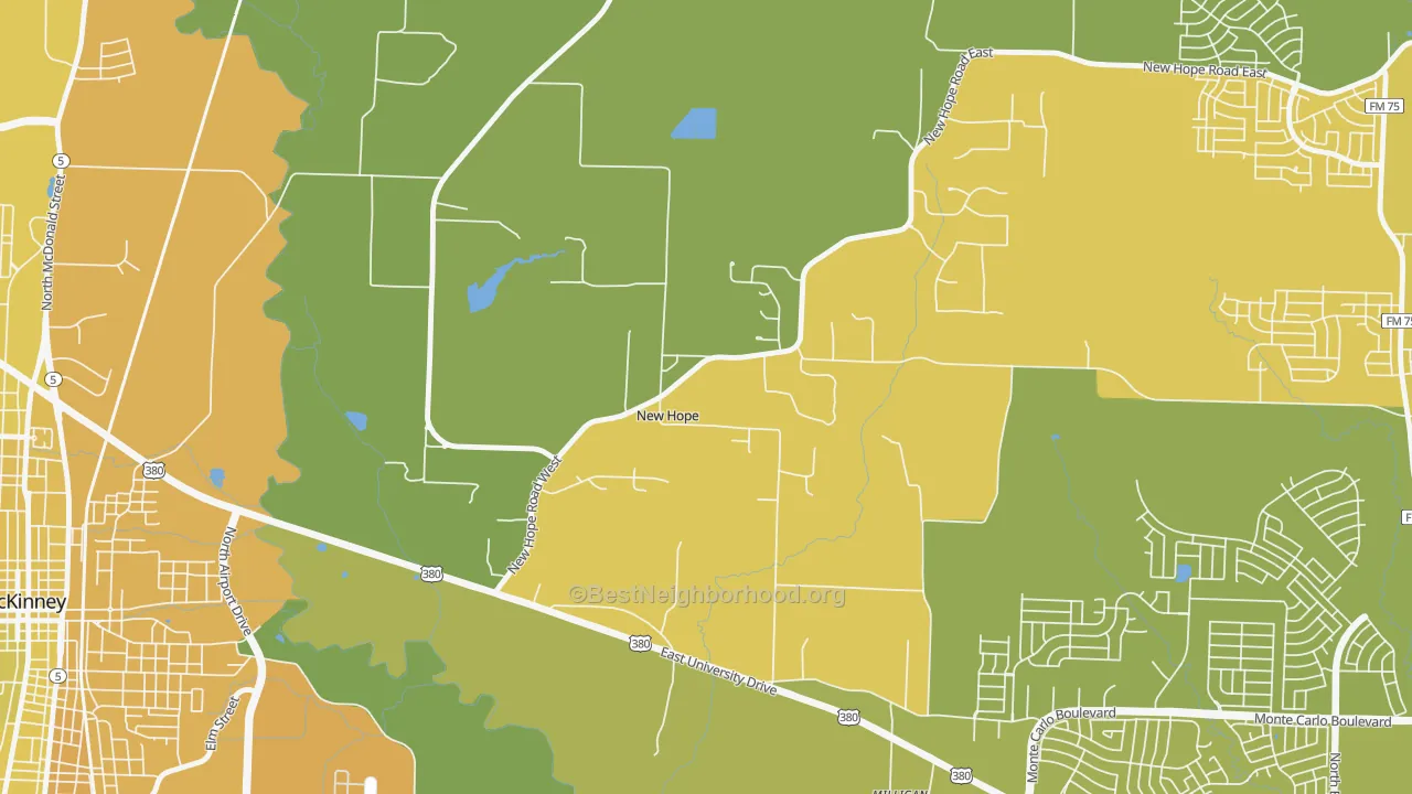 Map of the best neighborhoods in the New Hope area, with better matches in green and worse matches in red