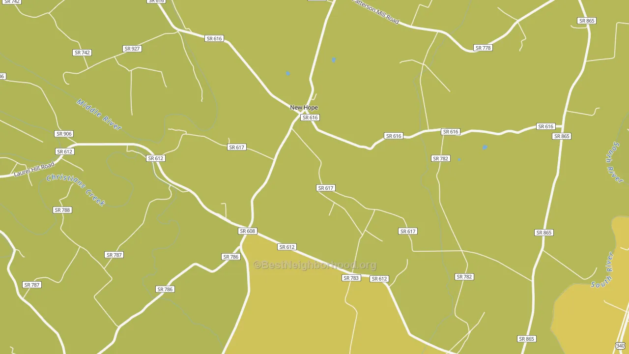 Map of the best neighborhoods in the New Hope area, with better matches in green and worse matches in red