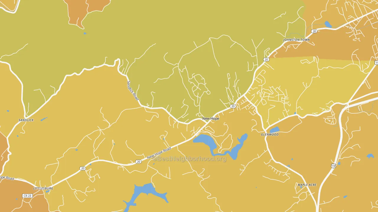 Map of the best neighborhoods in the New Hope area, with better matches in green and worse matches in red