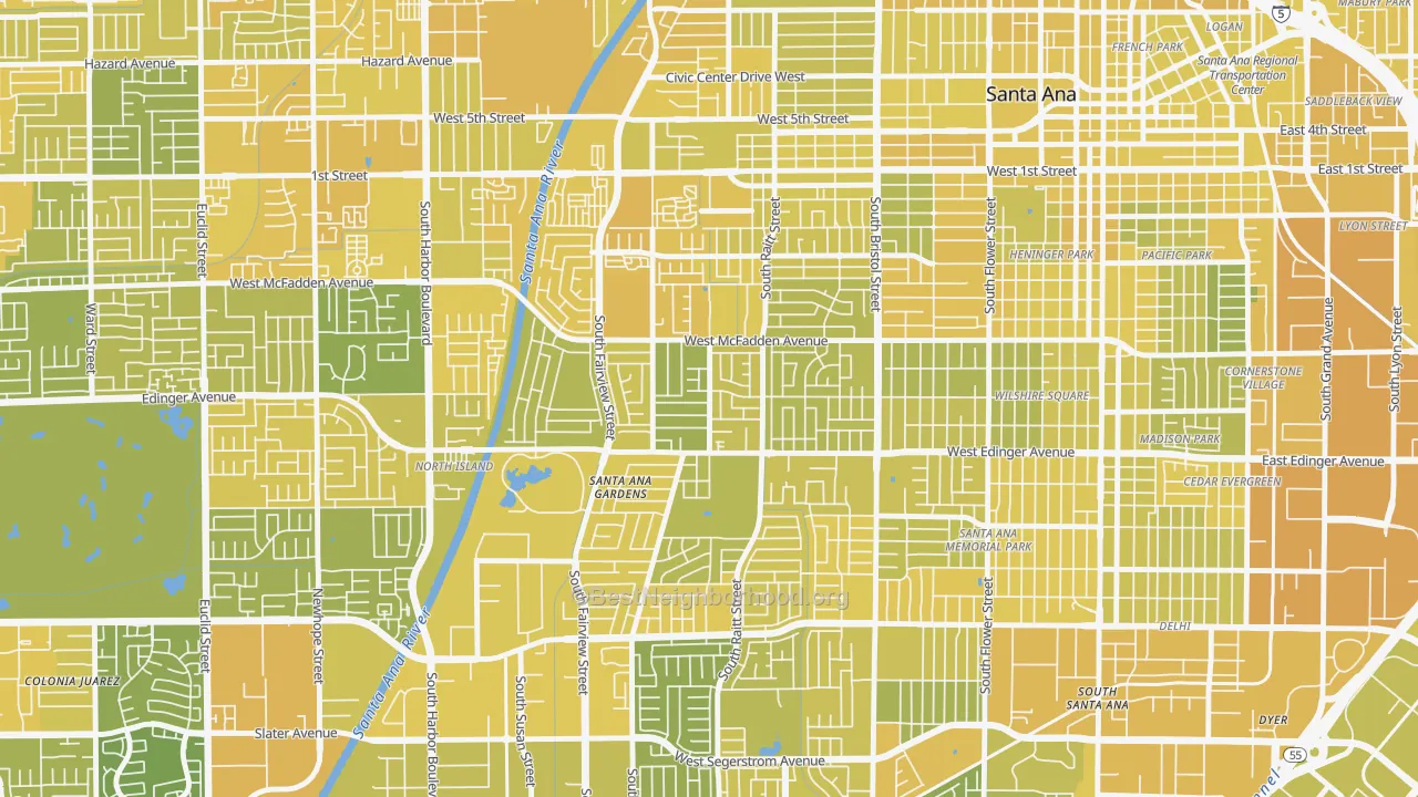 Map of the best neighborhoods in the New Horizons, Santa Ana area, with better matches in green and worse matches in red